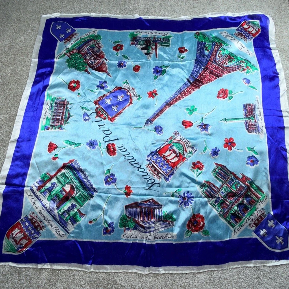 Vintage Souvenir de Paris Scarf Blue Eiffel Tower Notre Dame Landmarks